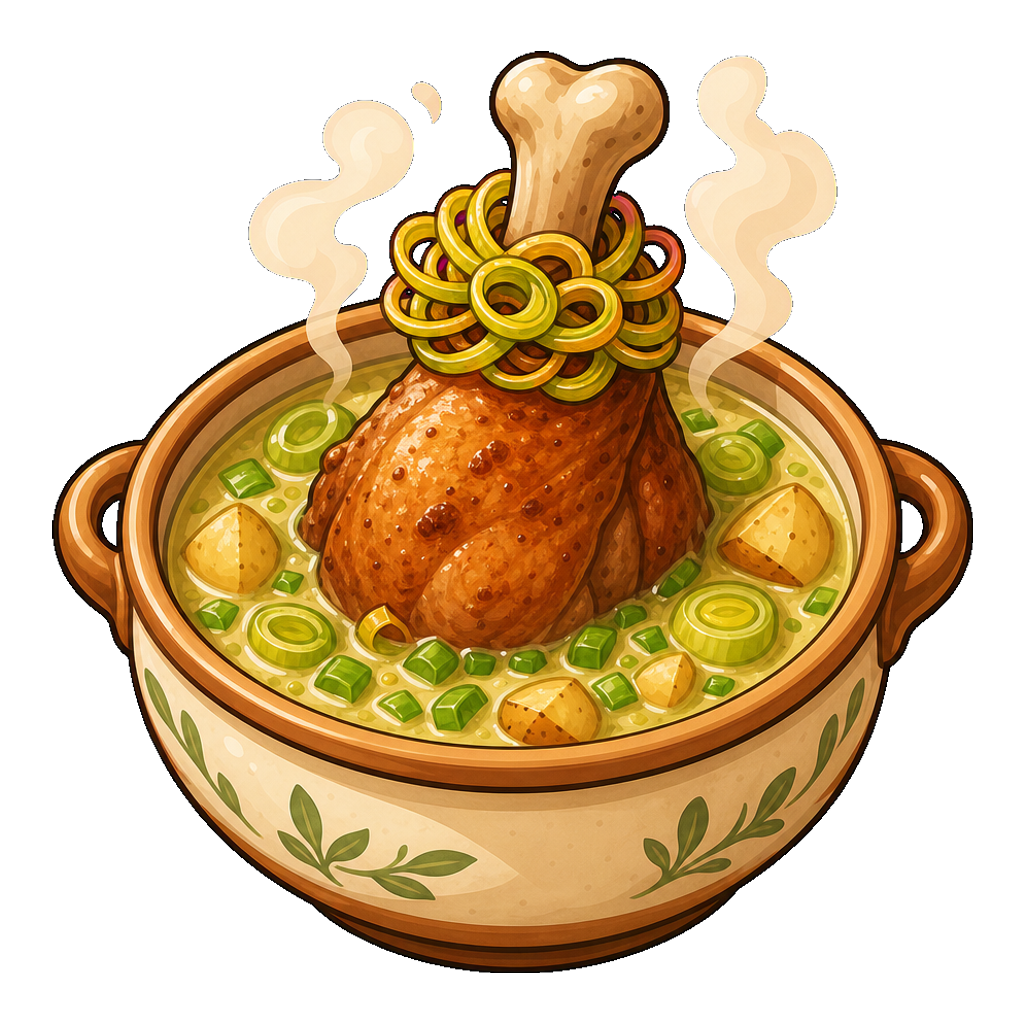 Leek-Crowned Turkey Drumstick Pot