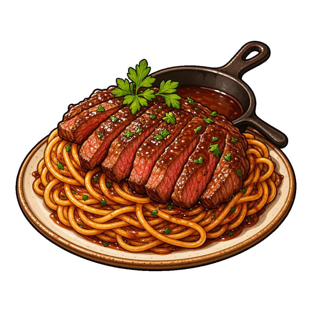 Steak-Crowned Spaghetti Tangle