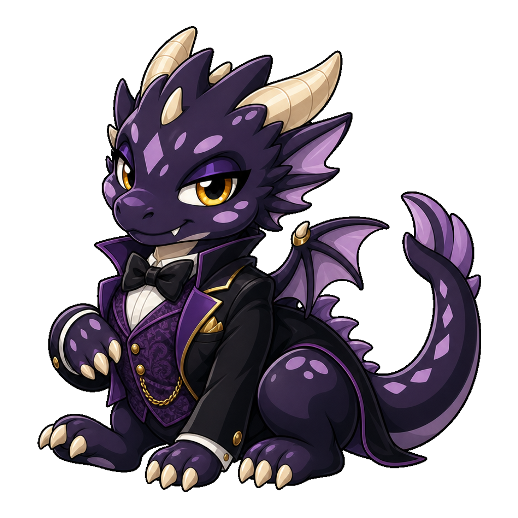 Halloween 2026 Dramsi in a black coat, purple waistcoat, and bow tie.