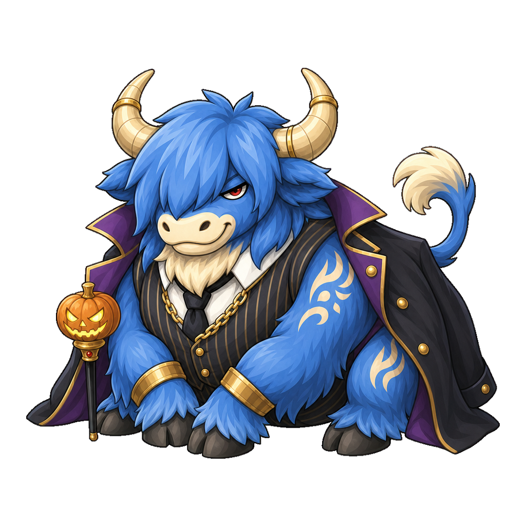Halloween 2026 Moosh in a black and purple cape with a pumpkin-topped staff.