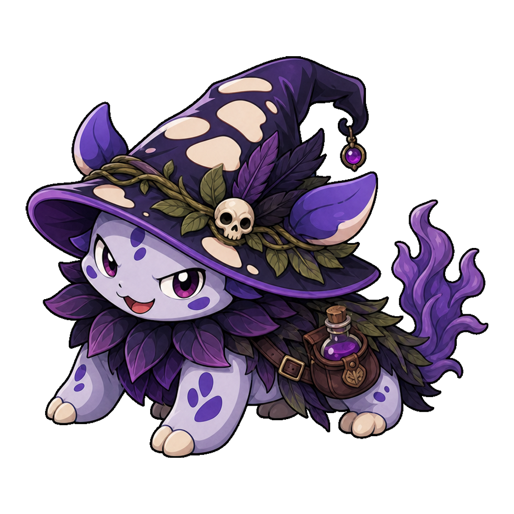 Halloween 2026 Sprigcap wearing a purple witch hat and carrying a potion satchel.