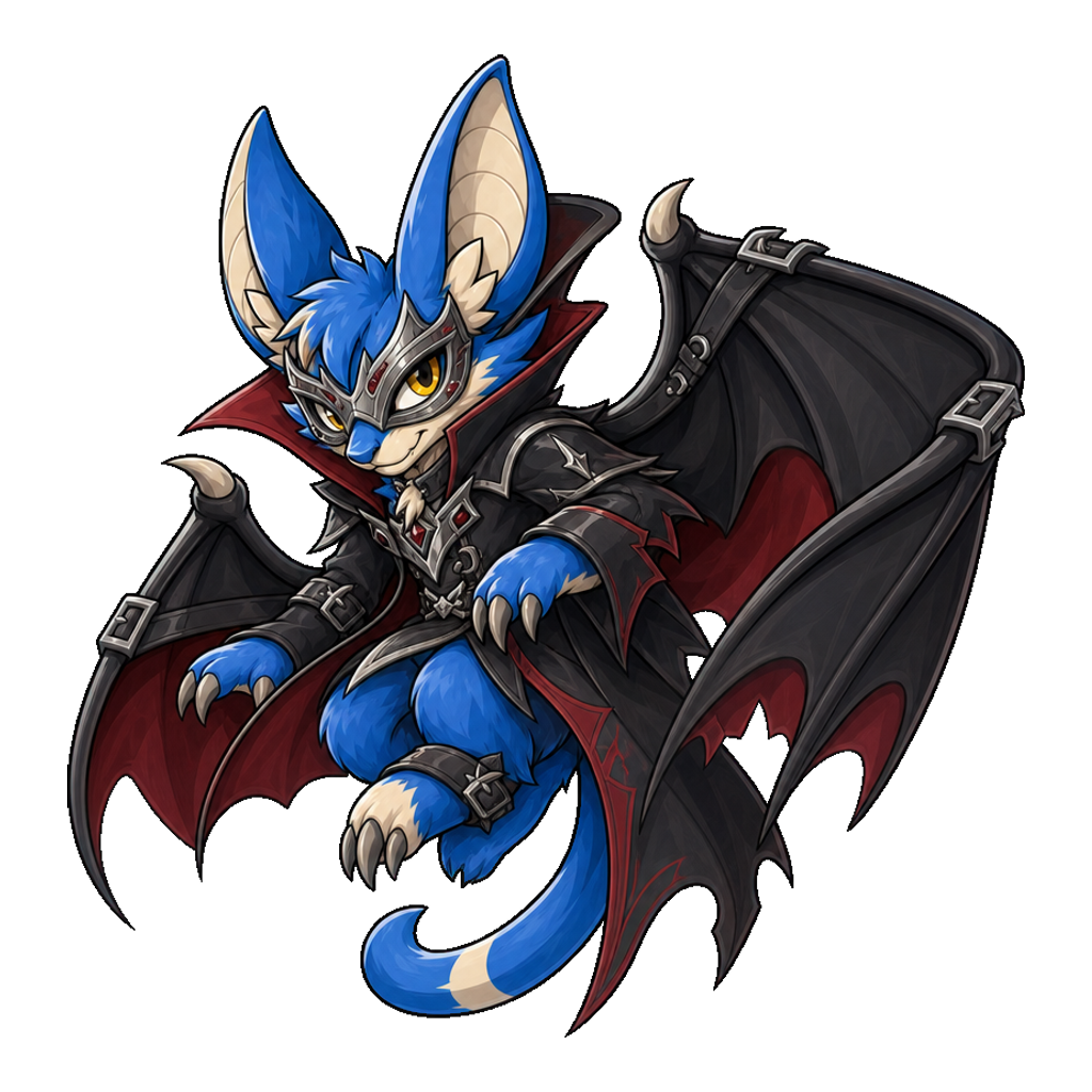 Halloween 2026 Trachops in dark armor and a mask, with black and red wings.
